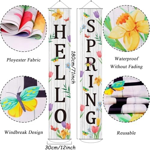 Hello Spring Porch Banner for Front Door Spring Door Banner Colorful Floral Green Leaves Porch Sign Hanging Flag Vintage Spring Decorations Seasonal For Yard Indoor Outdoor Decorations - Image 2