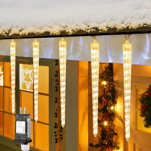 Brightown Christmas Icicle Lights Outdoor, 19.8Ft with 20 Large Tube 480 LED Meteor Shower Dropping Effect, Waterproof Icicle Lights Christmas Decorations for House Eave Roofline, Warm White - Image 7