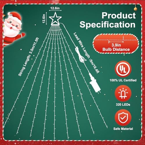 Christmas Decoration Lights, Outdoor Christmas String Lights 320 LED 11.5 Ft Waterfall Tree Light with Big Star Topper 8 Light Modes for Xmas New Year Holiday Garden Yard Indoor Outdoor Decor - Image 7