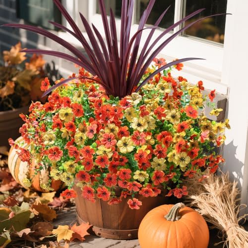 Fall Flowers Artificial Mums for Outdoors Autumn Decor, 12 Bundles Fake Fall Mums with 1 pcs Burgundy Orchid Leaf UV Resistant Realistic Faux Plants for Outside Home Porch Patio Planter, Orange Yellow - Image 6