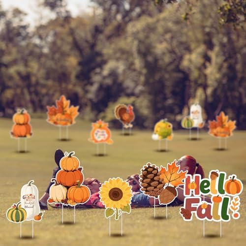 Kathfly 10 Pcs Turkey Pumpkin Maple Thanksgiving Yard Signs with Stakes - Image 6