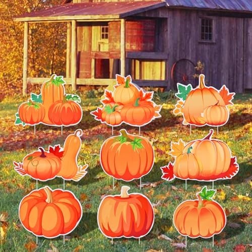 9-Pack Pumpkin Yard Signs with Stakes - 9 Assorted Designs 12 x 9.6 Inches Large Pumpkin Signs for Outdoor Garden and Lawn Decorations for Fall Autumn, Halloween, and Thanksgiving Harvest Party Favor - Image 5