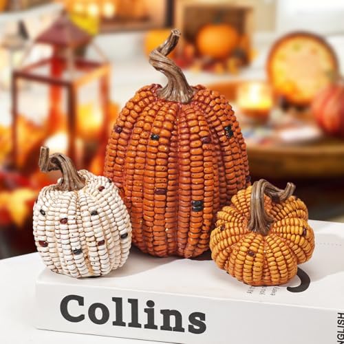 Briful Fall Decorative Corn Pumpkin Set – 3-in-1 Resin Pumpkins Harvest Décor Fake Corn Pumpkins Centerpiece for Thanksgiving Table Tiered Tray Outdoor Autumn Decorations - Image 6