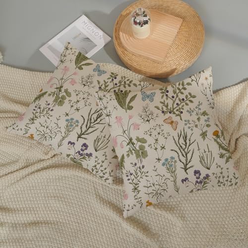 Sage Green Pillow Covers 18x18 Inch 2 Pcs Spring Green Wild Flower Decor Throw Pillows Vintage Floral Botanical Seasonal Summer Outdoor Decoration Pillowcase Linen Cushion Cover for Couch Sofa - Image 5