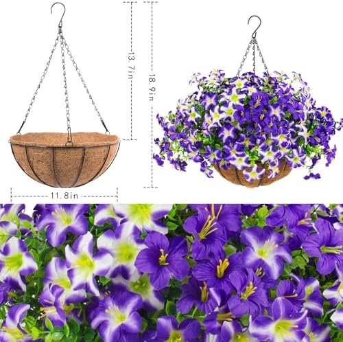 2 Set Artificial Petunias Flowers with Hanging Baskets, 24 Pcs Silk Petunia UV Resistant Purple Faux Petunias Flowers with Hanging Planter for Front Door Porch Spring Outside Decor (2, Purple) - Image 3
