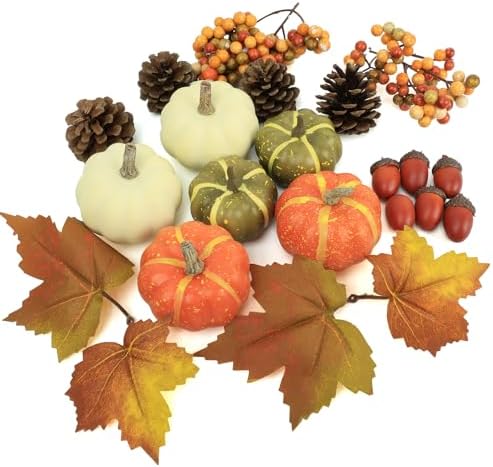 20 Pcs Realistic Fall Mini Pumpkin Decorations, Pumpkin Decor with Maple Leaves, Pine Cones, Acorns,Thanksgiving Decorations Indoor for Home Farmhouse Harvest Thanksgiving Table Decor by CHEAWRTZ