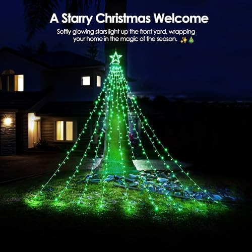 WBao 344 LED Christmas Lights Outdoor Decorations with 12" Star Topper, 11.9ft Waterfall Christmas Lights, Remote Control 8 Modes, 3 Timers, UL Listed Waterproof for Tree Roof Porch Xmas Decor, Green - Image 2