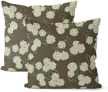 Brown Spring Pillow Covers 16x16 Inch 2 Pcs Green Yellow Hydrangea Flower Decor Throw Pillows Vintage Floral Seasonal Summer Outdoor Decoration Pillowcase Linen Cushion Cover for Couch Sofa by DAFENA