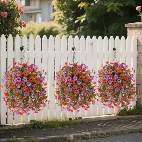 INQCMY Artificial Hanging Flowers with Basket for Spring Outdoor Decoration 3 Bunches of Silk Daisy Flower Uv Resistant for Garden Porch Patio Balcony Yard Decor (Red Purple) - Image 5