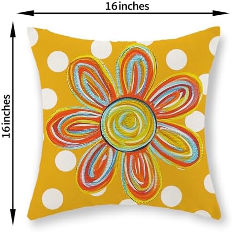 Summer Pillow Covers 16x16 Inch Set of 2 Polka Dots Watercolor Yellow Sunshine Flower Decorative Throw Pillows Boho Outdoor Sun Pillowcase Linen Farmhouse Cushion Case Decor for Home Bedroom - Image 2