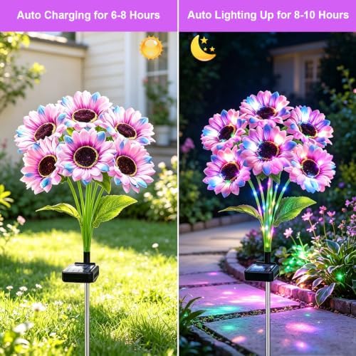 Solar Garden Lights Outdoor, 4 Pack Solar Multicolor Sunflower Lights with 18 Head 3.5 Inch Flowers, Waterproof Flowers Light Fall Decor Auto ON/Off for Garden Yard Patio, Gifts for Mom Women - Image 3
