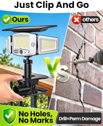 4000mAh Clip on Solar Lights Outdoor, 2500LM Motion Sensor Outdoor Lights with Digital Display, 270° Wide Angle &Dual PIR Sensors, IP65 Waterproof Solar Flood Lights for Fence Yard Deck Camping（1Pack） - Image 3