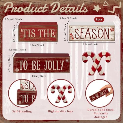 Lineshading 4 Pcs Christmas Table Decorations, Red White Candy Wood Signs - Image 2