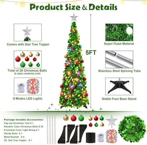N&T NIETING Pop Up Christmas Tree with Lights & 30 Balls, 5Ft Collapsible Green Tinsel Christmas Tree Decoration for Holiday Xmas Home Office Decor - Image 2