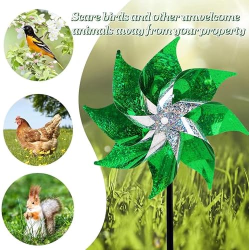 Hausse 10 Pack Reflective Pinwheels Holiday Decor (Assembly Required), Sparkly Wind Sculptures for St. Patrick's Day Decorations Party Supplies, Scare Birds Away from Garden Yard Patio Farm, Green - Image 4