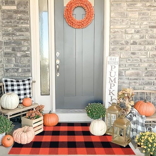 Buffalo Plaid Outdoor Rugs, 2'x4'3'' Orange and Black Checkered Indoor/Outdoor Area Rug, Layering Rug for Hello/Welcome Door Mat, Washable Cotton Woven Farmhouse Mat for Fall Front Porch Décor - Image 6