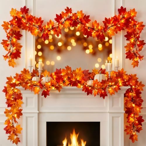 Brillarlights Autumn Garland Fall Decorations for Home, 11FT Fall Decor Lighted Garland with Lights, 50 Lighted Fall Leaf Garland Plug in, Connectable Fall Garland for Mantle Stairs Decor by Brillarlights