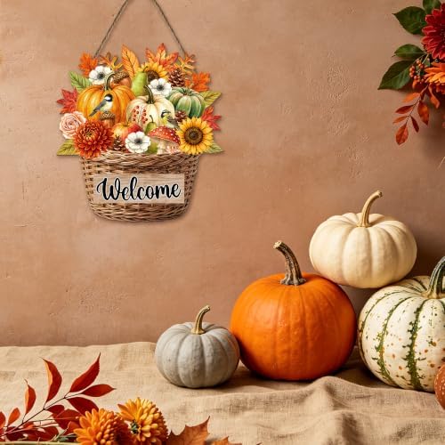 Welcome Thanksgiving Front Door Sign Rustic Sunflower Fall Door Decorations Wood Sign Farmhouse Maple Leaves Wreath Door Hanger Autumn Pumpkin Plaque Wall Hanging Decor for Home Porch Yard 12"x12" - Image 5