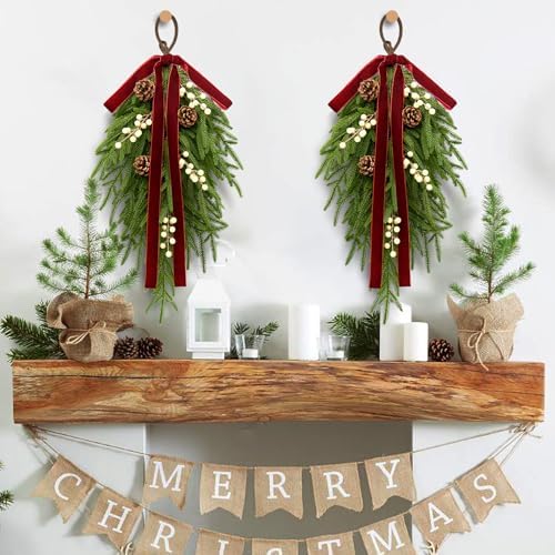 nuvagiki Christmas Teardrop Swag Decorations, 24'' Christmas Teardrop Wreath Artificial Pine Needle Berries Hanging Decor, Red Velvet Bow Swag Decorations for Front Door Mantle Wall Indoor Home Decor - Image 7