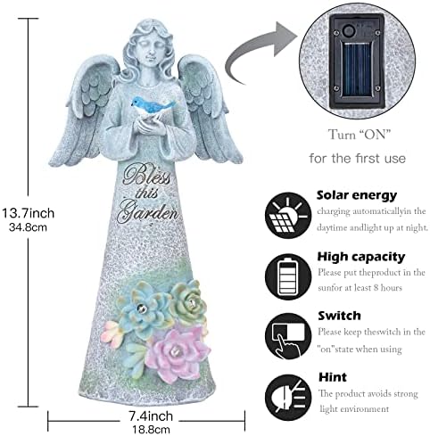 Angel Garden Statue Outdoor, Solar Angel Holding Bird with Succulent Lights - Image 4