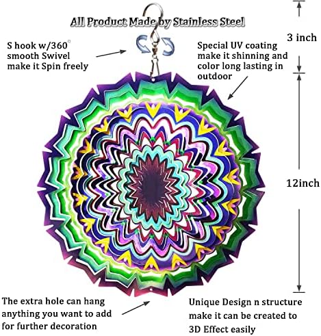 FONMY Wind Spinner Mandala Lucky Star Purple Color 12 inch 3D Stainless Steel Laser Cut Metal Art Geometric Pattern - Hanging Wind Spinner, Kinetic Yard Art Decorations - Indoor/Outdoor Décor - Image 3