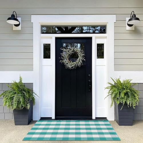 Ckorzen Green and White Plaid Rug, 4' x 6' Spring Outdoor Front Porch Door Decor Mat, Washable Cotton Woven Farmhouse Area Rug for Layered Door Mats Carpet, Entryway, Easter Décor - Image 5