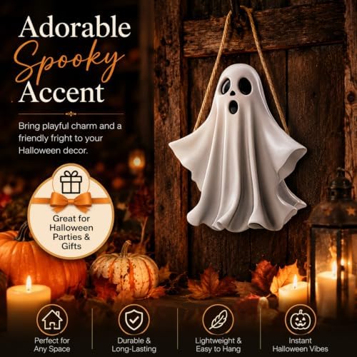 Halloween Decoration 2D Wooden Ghost Door Halloween Wreath for Front Door Sign Wall Signs Decor, Ghost Wreaths Sign Hanging for Home Wall Decor Outdoor Indoor Farmhouse Party Supply - Image 2