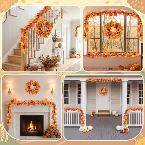 Fall 6FT Garland Wreaths 24", 4 Pack, Artificial Autumn Sunflower - Image 5