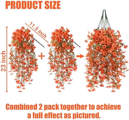 Artificial Fake Hanging Flowers Fall Plants for Outdoor Outside Autumn Decoration 2PCS Faux Silk UV Resistant Realistic with Eucalyptus for Home Thanksgiving Harvest Porch Patio Balcony(Fall Orange) - Image 6