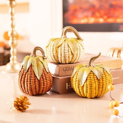 Valery Madelyn Fall Decorations for Home, Fall Pumpkin Decor, Set of 3 Resin Artificial Corn Decorative Pumpkins Indoor, Table Centerpieces Autumn Thanksgiving Halloween Decorations, 5.1 Inch - Image 3