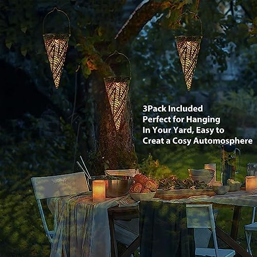 Outdoor Decorative Solar Hanging Lights with Delicate Hollow Conical Lantern Design - Set of 3 Chandelier for Patio, Tree, Garden, Yard, Porch, Backyard Pathway and Christmas Decoration. - Image 7