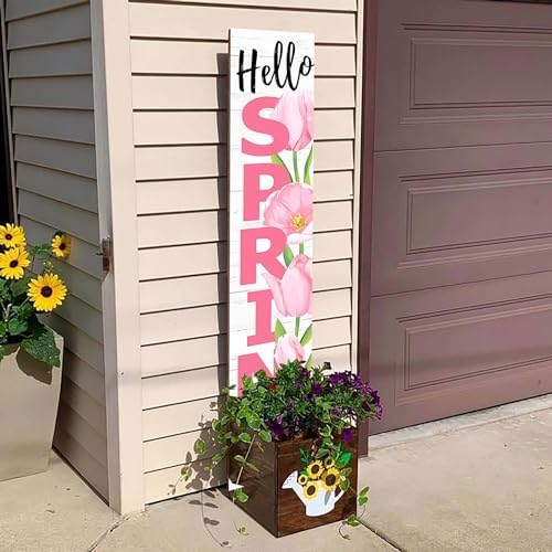 Hello Spring Porch Sign Tulip Wooden Welcome Sign Vertical Spring Hanging Signs For Standing Front Porch Decor Rustic Wall Decor Home Farmhouse Yard Door Spring Decorations 47.2"H - Image 5