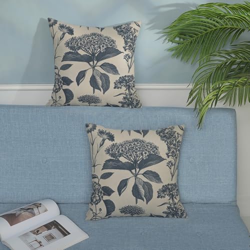 Navy Blue Pillow Covers 20x20 Inch 2 Pcs Boho Vintage Floral Decor Throw Pillows Hydrangea Flower Seasonal Outdoor Farmhouse Neutral Accent Decoration Pillowcase Linen Cushion Cover for Couch - Image 3