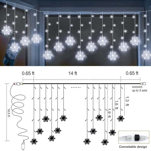 Christmas White Icicle Lights with Snowflake, 150 LED Curtain Lights with 8 Lighting Modes, Plug in Twinkle Lights for Home Christmas Wedding Party Decoration - Image 2