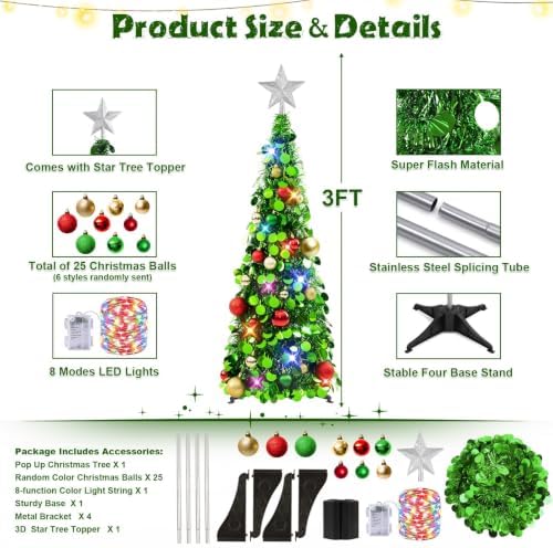N&T NIETING Pop Up Christmas Tree with Lights, Collapsible Tinsel Xmas Tree Decorations, Pencil Christmas Tree Skinny Tree for Holiday Xmas Home Office Decor, 25 Balls, 3Ft, Green - Image 3