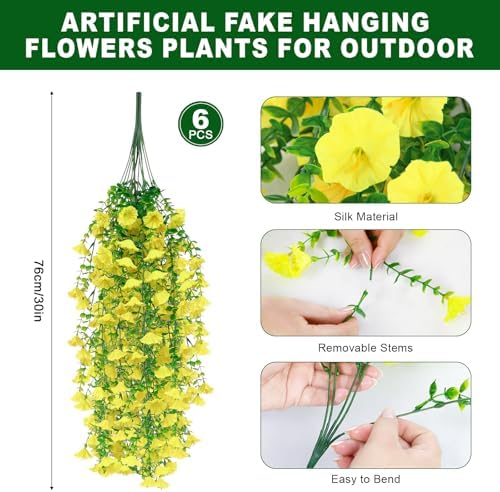 6 Pcs Artificial Hanging Flowers 30 Inch Bright Yellow Morning Glory Vines UV Resistant Fake Hanging Plants Silk Hanging Flowers for Outdoor Spring Summer Garden Porch Window Box Decor - Image 2
