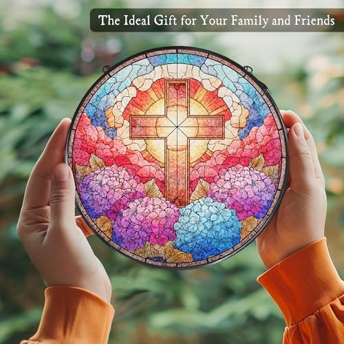 Cross Hydrangea Flower Stained Glass Window Hanging Suncatcher, Christian Cross Sun Catcher Indoor Window Decor, Christian Gifts Painted Glass Round Wall Hanging Decorations, 7.8x7.8 in - Image 5