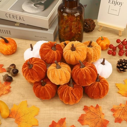 18 Pcs Fall Artificial Velvet Pumpkins Fake Fabric Pumpkin Faux Foam Pumpkins Orange Yellow White Artificial Pumpkin Decorations for Fall Harvest Thanksgiving Halloween Farmhouse Table Centerpiece - Image 5