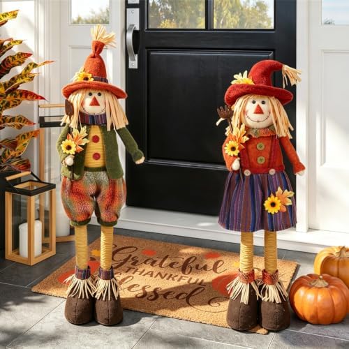 Juegoal 2 Pack Fall Decorations Large Scarecrows with Stretchable Legs, 28" Standing Scarecrow Thanksgiving Harvest Autumn Decor, Figurine Gifts for Home Housewarming Outdoor Farmhouse Porch by Juegoal