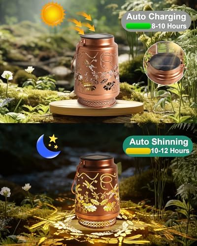 2 Pack Dragonfly Solar Lanterns Outdoor Waterproof, Garden Decor Birthday Gifts for Women Mom Grandma Sister, Metal Hanging Solar Lights Outside Decorative for Backyard Patio Lawn Pathway Landscape - Image 4