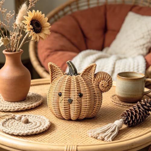 Fall Decor Animal Pumpkin Decorations – Squirrel Fake Pumpkin Resin Woven Design Animal Figurines for Table Shelf Mantel, Thanksgiving Halloween Decorations Gifts for Autumn Decor(Rattan Color) - Image 3