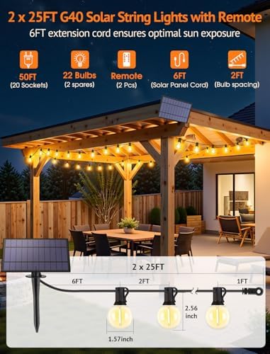 Larkvue 50FT(2x25FT) Solar String Lights with Remote, 20+2 G40 Bulbs, Black - Image 2