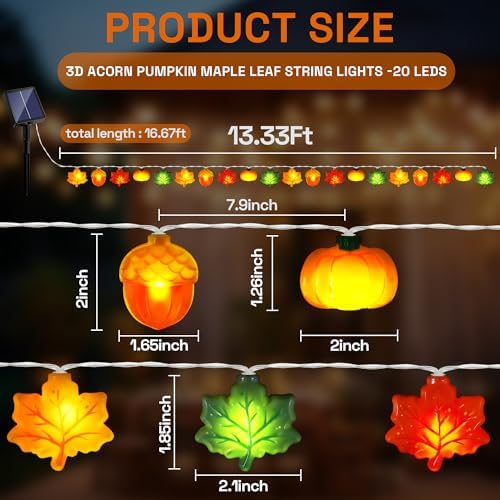 Solar Fall Lights Outdoor 17.4Ft 3D Acorn Pumpkin Maple Leaf String Lights, 8 Modes Thanksgiving Lights Fall Decor Thanksgiving Decorations for Outdoor - Image 2