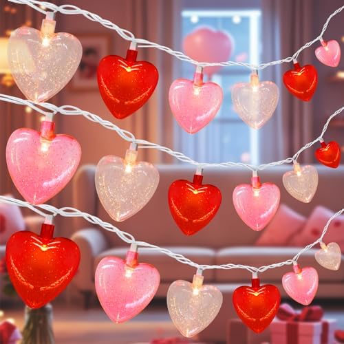 20 LED Valentine's Day Decorations Heart Lights, 12Ft Heart String Lights Outdoor Waterproof with 20 LED Red Pink White Hearts Shaped with Glitter for Room Door Windows Fence Valentines Day Decor by PASUTO