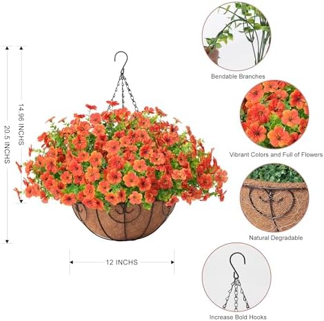 Artificial Fake Hanging Plants Flowers Basket Outdoors Summer Autumn Decor, Hanging Planter with Faux Silk Daisy Flowers Realistic UV Resistant for Outside Home Porch Front Patio Balcony Garden Orange - Image 4