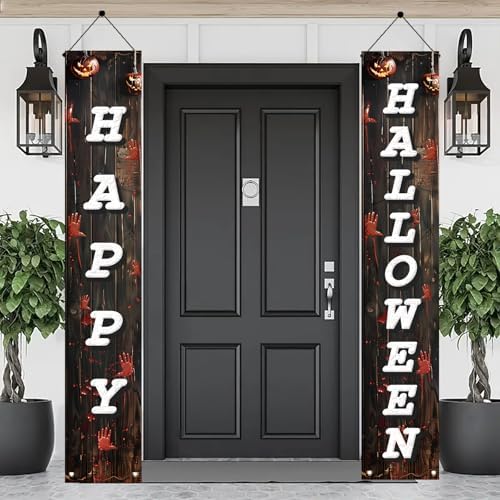 2PCS Halloween Porch Banner Decorations 71 x 12 Inch Happy Halloween Vertical Hanging Sign Scary Bloody Handprint Front Door Banner for Outdoor Haunted House Yard Party Wall Decor - Image 3