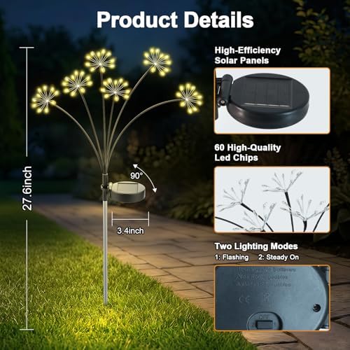 Solar Garden Lights Outdoor, Upgraded Solar Swaying Starburst Light Waterproof with 2 Modes, Solar Fairy Firework Lights for Yard Patio Pathway Flowerbed Balcony Garden Decoration (Warm White, 4 Pack) - Image 7