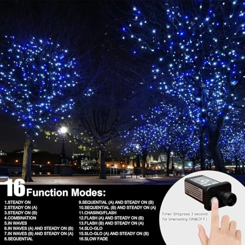 33FT 100 LED Blue White String Lights, 16 Modes Plug In Mini Fairy Lights, Waterproof Outdoor Christmas Lights for Hanukkah, July 4th Patriotic Decor, Xmas Tree Garland Bedroom Ocean Party Decoration - Image 3