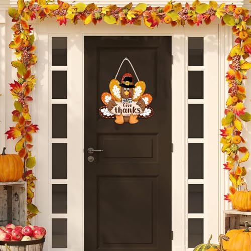 Thanksgiving Turkey Front Door Sign Fall Wooden Give Thanks Wreath - Image 2