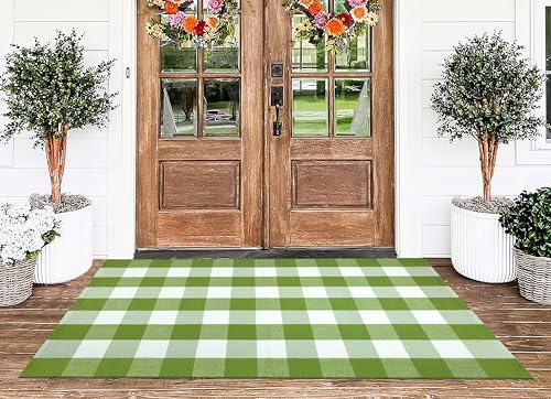 Washable 3'x5'Outdoor Rug Green White Checkered Farmhouse Front Door Mat - Image 6